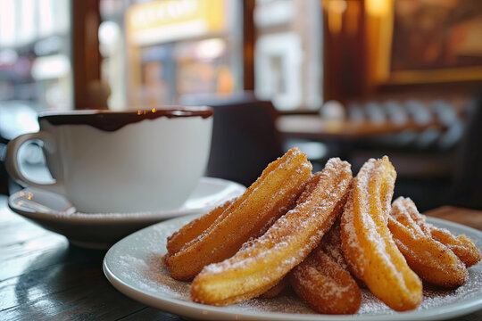panish Churros with Cinnamon Sugar and Thick Hot Chocolate in a Cozy Caf&eacute; Setting