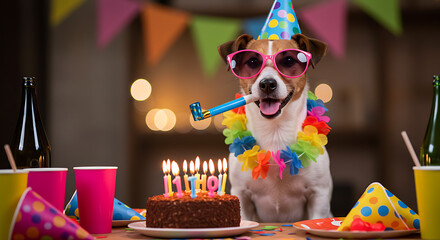 dog and birthday cake with birthday candles