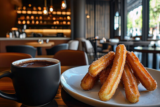 panish Churros with Cinnamon Sugar and Thick Hot Chocolate in a Cozy Caf&eacute; Setting