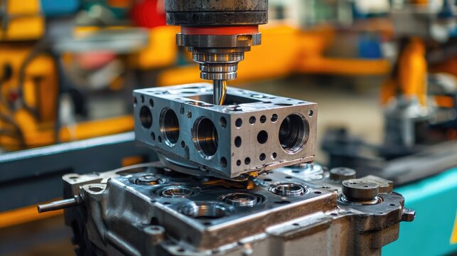 A detailed shot of a car engine block being machined in an industrial facility.