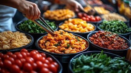 Obraz premium Market stall, pasta, vegetables, food prep, cooking, delicious, fresh ingredients, healthy eating