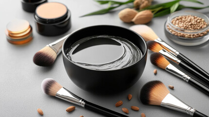 A stylish arrangement of makeup brushes and beauty products for skincare and cosmetics.