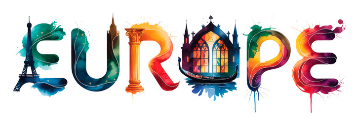 A vibrant artwork displays the word Europe embellished with iconic landmarks and lively colors on a transparent background.