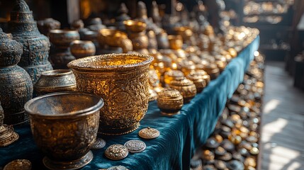 Fototapeta premium Ancient gold and silver artifacts displayed on velvet cloth with blurred archaeological excavation background, representing a historical discovery and cultural heritage unearthed from ancient civiliza