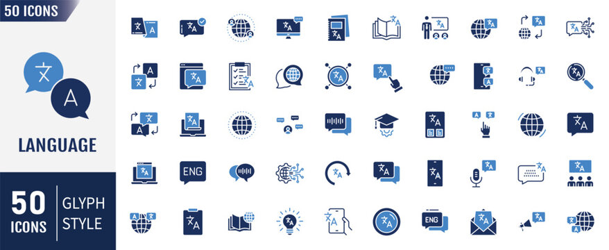 Language icon set. Containing as communication, translate, speech, writing, speaking, dictionary, text, vocabulary, and more. icons. Vector illustration