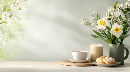 Spring flora arrangement with coffee and cookies bright kitchen nature vibes serene setting