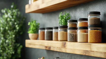 Colorful assortment of spice jars, glass containers arranged on modern wooden kitchen shelves, natural herbs,seeds,powders stored for culinary use in a sustainable home environment. Copy space, banner