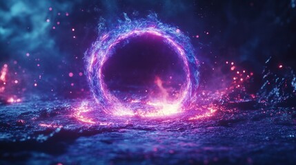 Fiery ring portal on rocky terrain with glowing mist