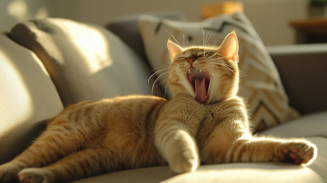 Relaxed cat yawning widely while stretching on a couch  