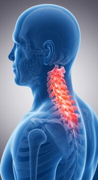 Human body anatomy illustration with highlighted cervical spine pain