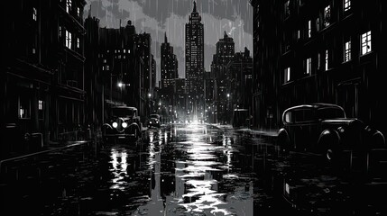 Rainy Night City Street Scene