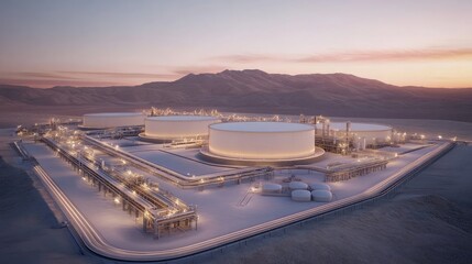 Fototapeta premium A sprawling petrochemical refinery at sunset with glowing pipelines and storage tanks.