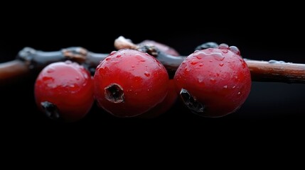 Close-up of plump, red berries with water droplets on branches