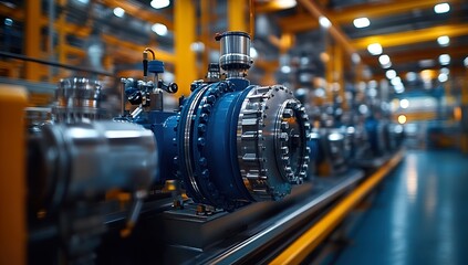 Fototapeta premium Blue and Silver Components, Large Warehouse or Factory Floor Background, Natural Light Illumination, Pipes, Cables, and Machinery, Modern Industrial Technology Essence