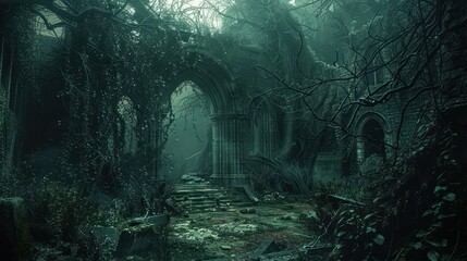 Gloomy overgrown ruins, ancient stone pathway, misty forest background