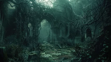 Selbstklebende Fototapeten Gloomy overgrown ruins, ancient stone pathway, misty forest background © Alesha