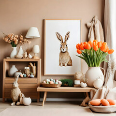 Warm Easter living room with mock-up frame, tulips, hare sculpture, carrots, bowl, and decor