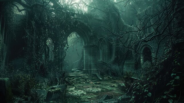 Gloomy overgrown ruins, ancient stone pathway, misty forest background