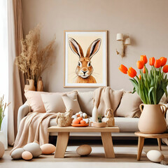 Warm Easter living room with mock-up frame, tulips, hare sculpture, carrots, bowl, and decor