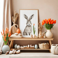 Warm Easter living room with mock-up frame, tulips, hare sculpture, carrots, bowl, and decor