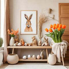 Warm Easter living room with mock-up frame, tulips, hare sculpture, carrots, bowl, and decor