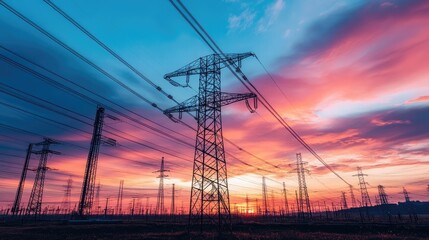 Fototapeta premium A close-up of high-voltage power transmission lines against a sunset.