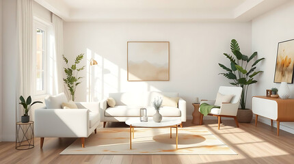 minimalist living room interior mockup, modern furniture and greenly decorative, white sofa and armchair, created by generative ai