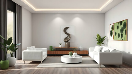minimalist living room interior mockup, modern furniture and greenly decorative, white sofa and armchair, created by generative ai