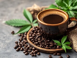 A cup of coffee and cannabis leaves displayed on a surface