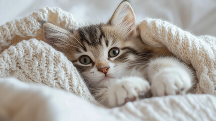 Fluffy Kitten Resting on a Soft White Blanket