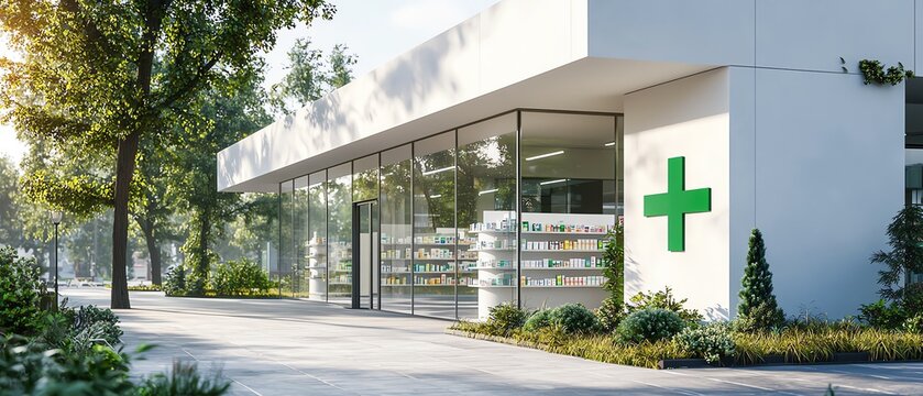 Modern pharmacy building with green cross symbol.