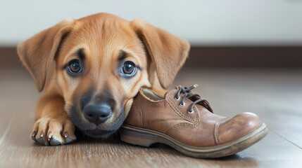 Puppy looking sad beside a chewed shoe on a wooden floor  
