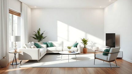 minimalist living room interior mockup, modern furniture and greenly decorative, white sofa and armchair, created by generative ai