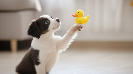 Playful puppy holding a squeaky duck toy in a cozy home setting  