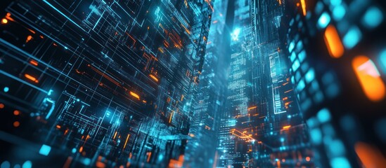 Futuristic digital city with glowing lines and coding elements displayed