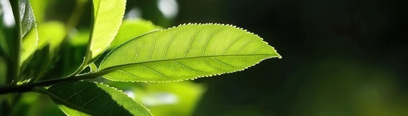 Fototapeta premium A close-up shot of a fresh green leaf with dew droplets glistening in the morning sunlight.