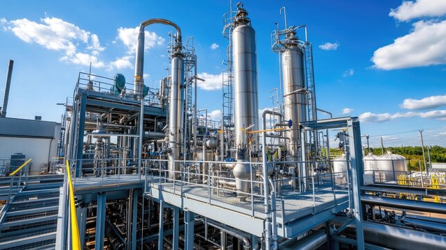 A modern distillation column extracting valuable chemicals from crude oil.