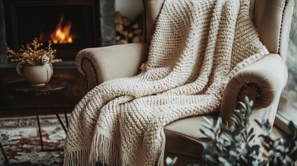 Cozy Knit Throw on Armchair by Fireplace