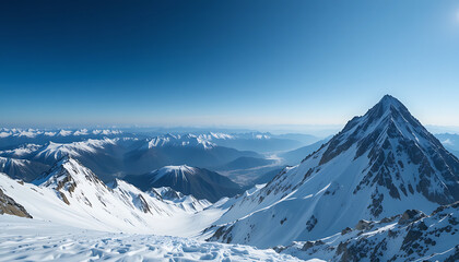 A dramatic winter landscape with a high mountain peak covered in thick snow. The view from the summit is breathtaking, with valleys below dusted in white and distant mountain ranges stretching out in 