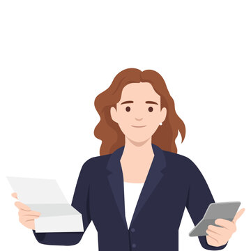 Businesswoman Managing Documents and Tablet. Woman holds a document in one hand and calculator. Flat vector illustration isolated on white background