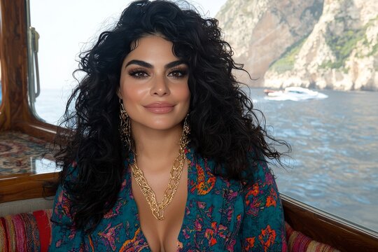 Confident woman with curly black hair wearing a floral outfit posing against a scenic ocean backdrop with a warm and serene expression