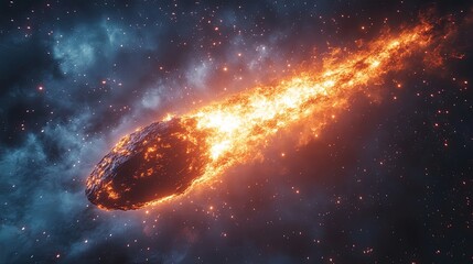 Obraz premium Asteroid Approaching Earth, Glowing Brightly Against a Starry Background in a Dramatic Cosmic Collision Scenario, Capturing the Intensity of a Space Disaster and Celestial Impact Event