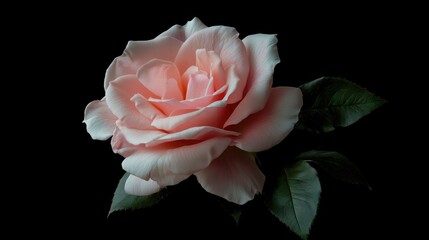Blooming Pink Rose with Lush Green Leaves on a Striking Black Background