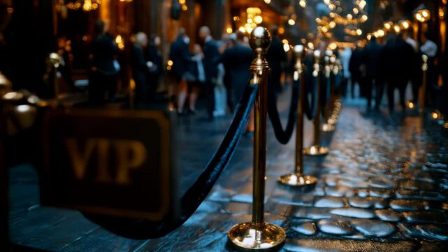 A luxurious black velvet rope marks the entrance to a VIP section, adorned with a golden sign. A glamorous crowd mingles in the background, exclusivity and excitement atmosphere