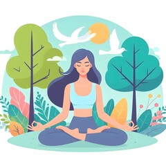 A Flat Vector Illustration of a Beautiful Young Woman Practicing Yoga Outdoors, Surrounded by Nature. Serenity in Nature. Meditative Yoga Bliss