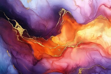 Abstract Fluid Art Watercolor Marble Pattern with Vibrant Colors and Metallic Veins