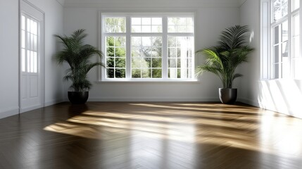 Fototapeta premium Spacious, sun-drenched room with large windows and plants