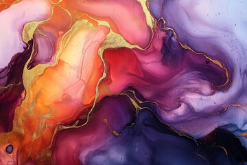 Abstract Fluid Art Marbled Watercolor Vibrant Colors with Golden Veins