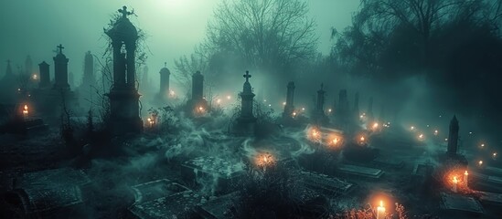 Foggy Cemetery at Night with Candles (1)