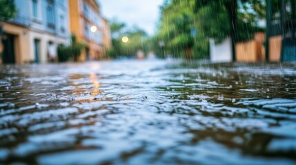 Fototapeta premium Raindrops on Urban Street during Rainy Day in Cityscape Environment